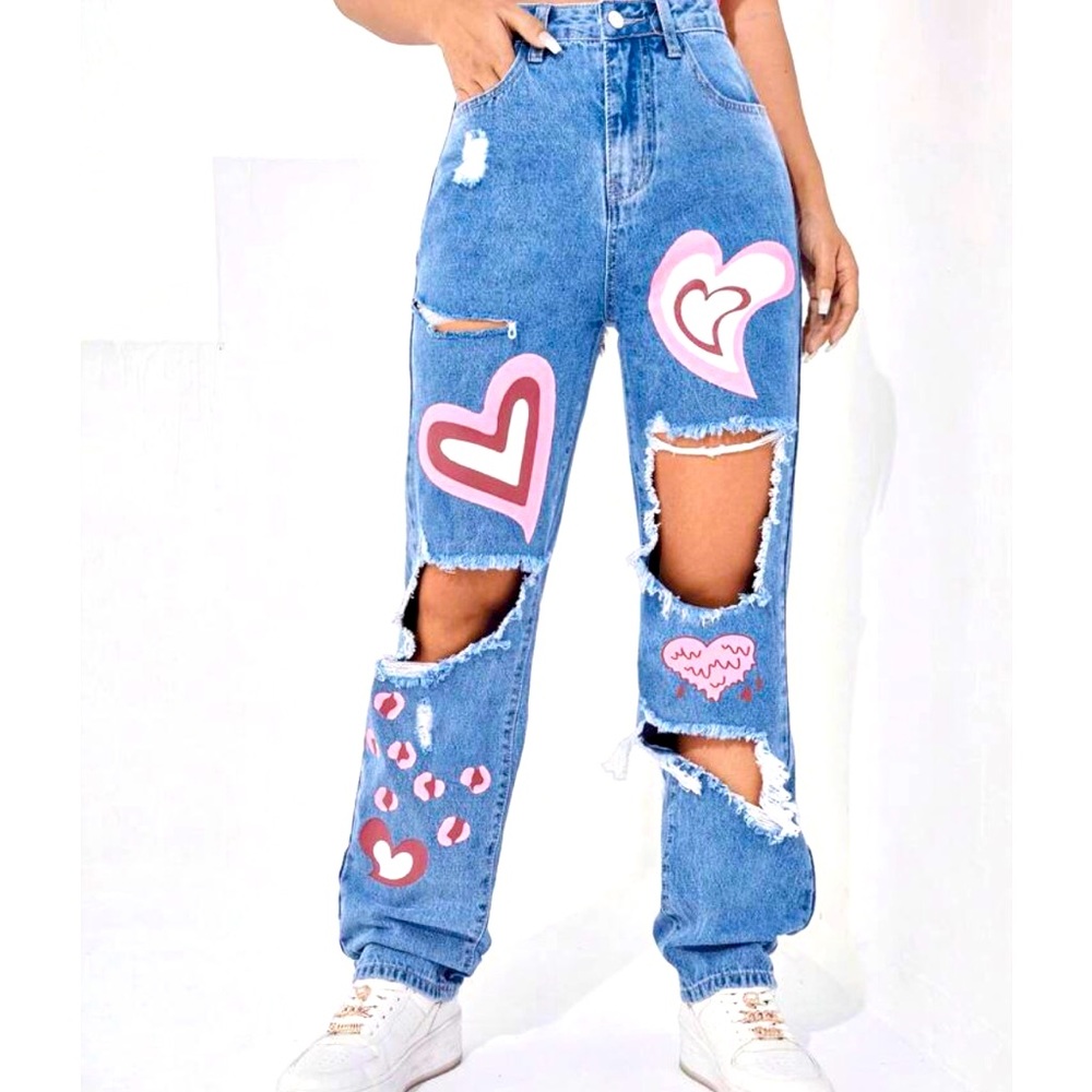 Shein Jeans Hearts Women's High Waist Heart Print Cut-out Denim